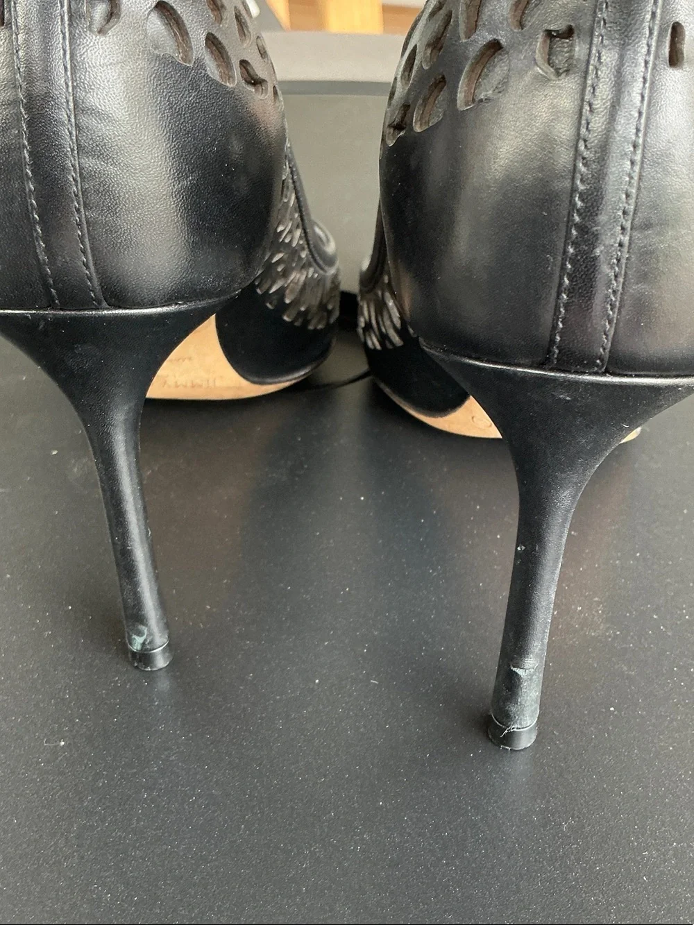 Jimmy Choo Black Laser-cut Kid Leather Romy 85 Pumps